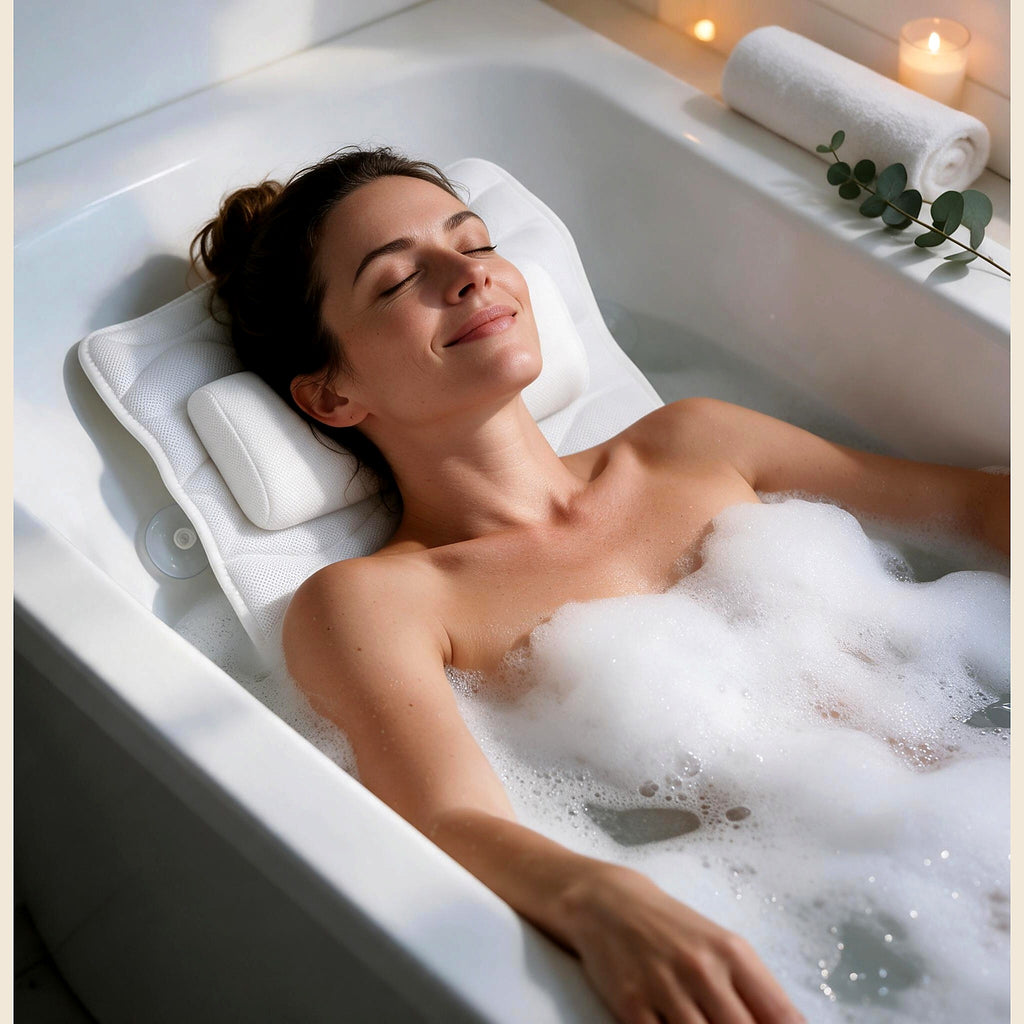 Relaxing in the bath with the quilted bath pillow under the head