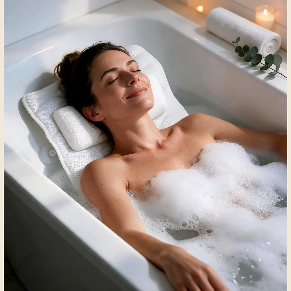 Relaxing in the bath with the quilted bath pillow under the head