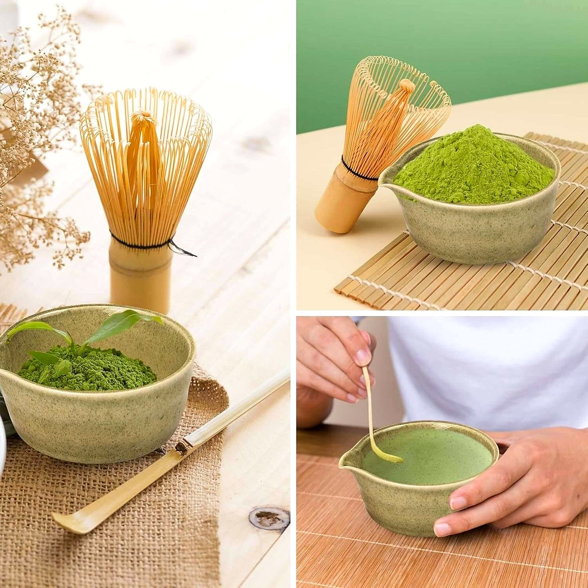 Whisking matcha with the bamboo whisk in the green bowl