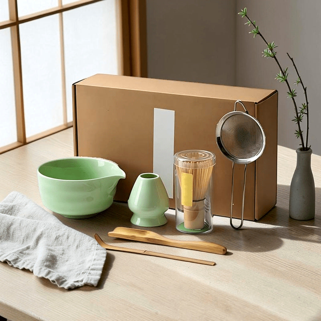 Matcha tea set with bamboo whisk, bowl and holder