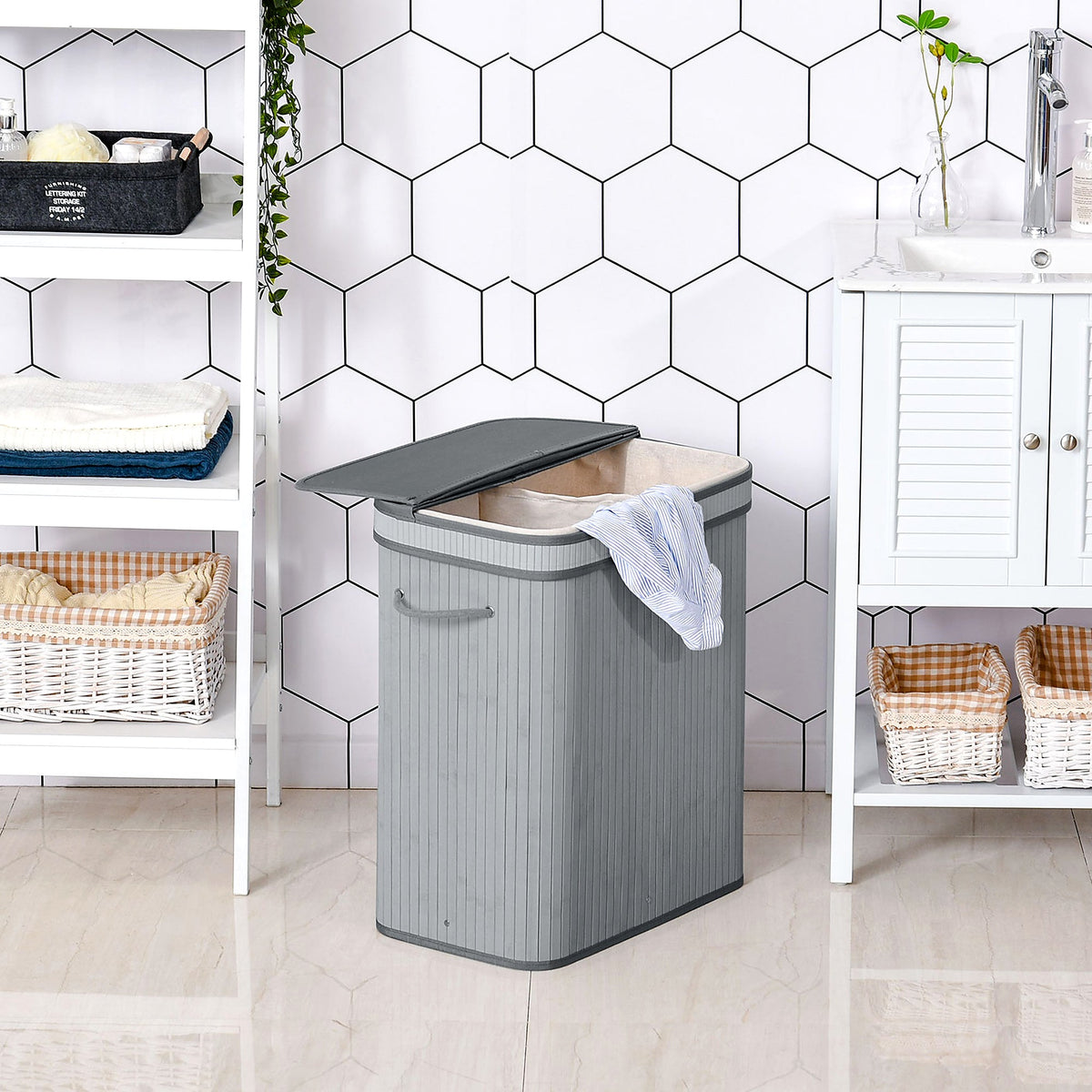 Grey Slatted Laundry Basket with Lid, 100 L