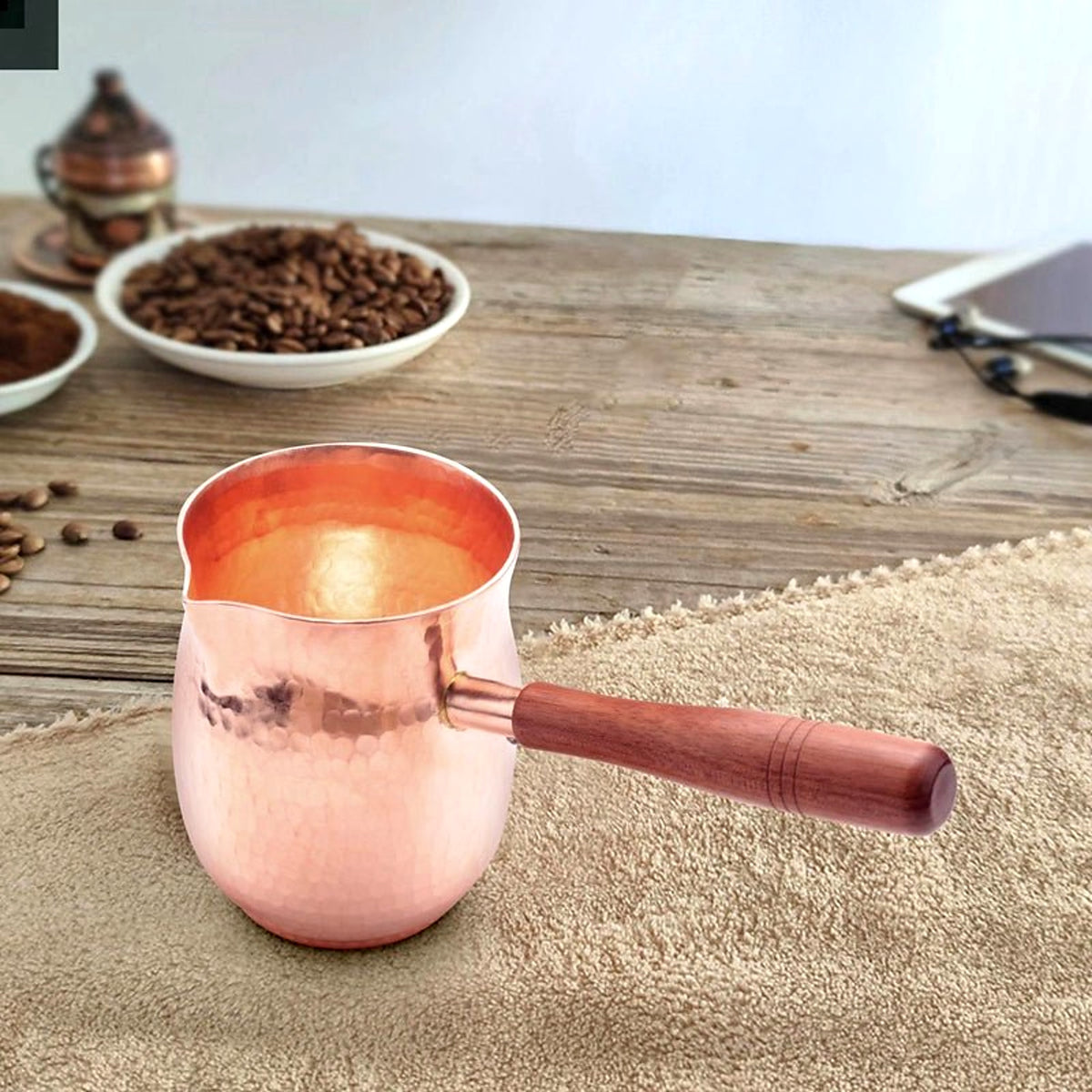 Handmade Copper Pouring Jug with Wooden Handle