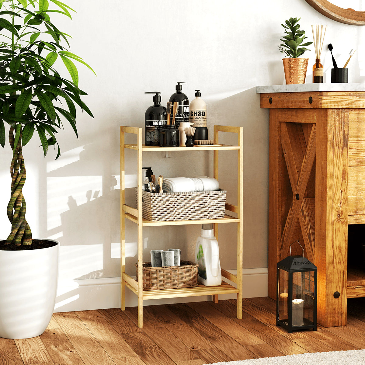 3-Tier Bamboo Bathroom Shelf with Adjustable Shelves