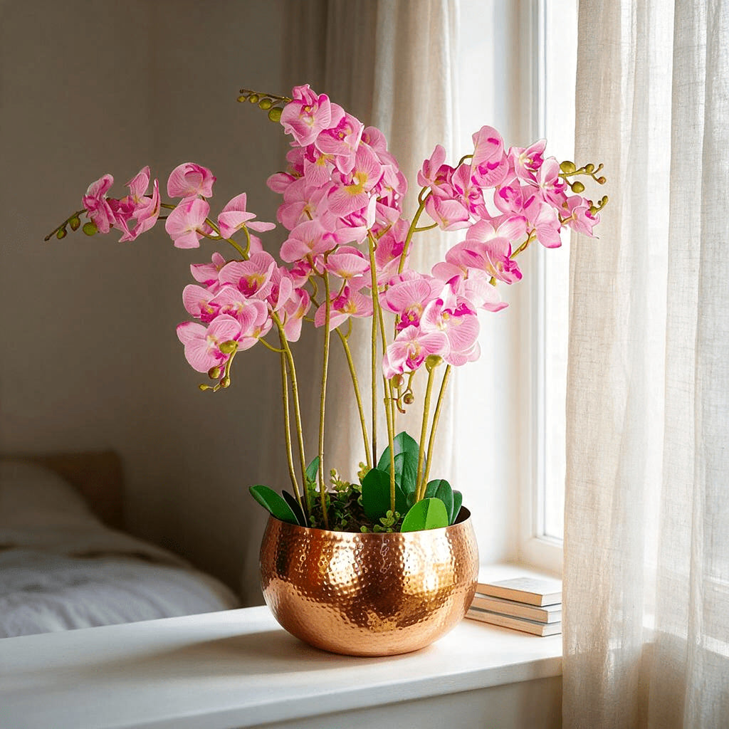 Large Hammered Copper-Finish Metal Planter Bowl, 32 × 20 cm