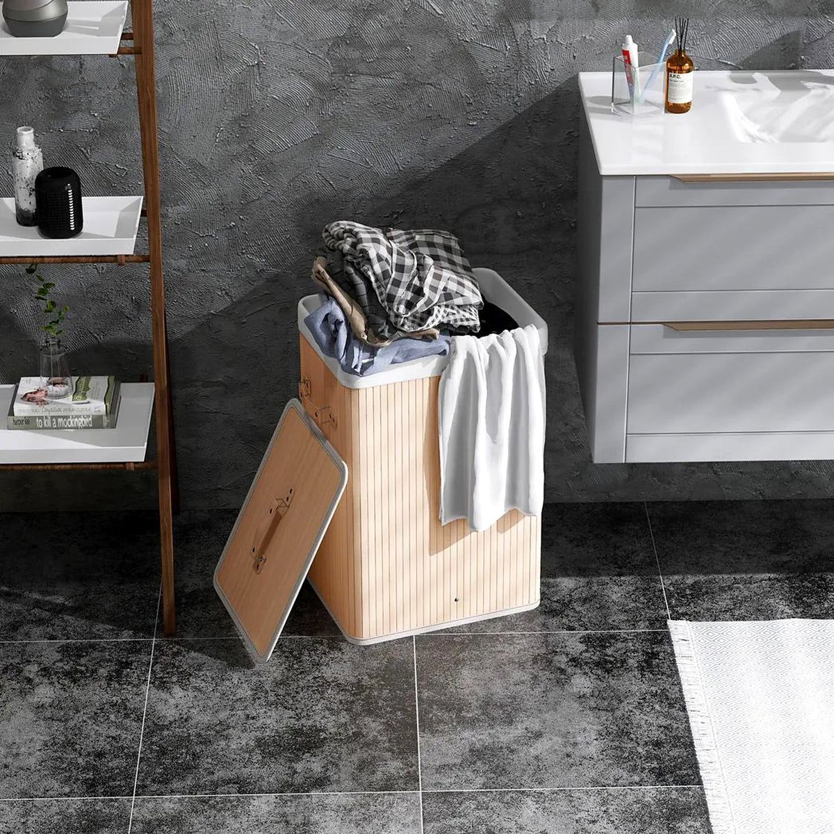 Collapsible Bamboo Laundry Hamper with Lid, 70 L