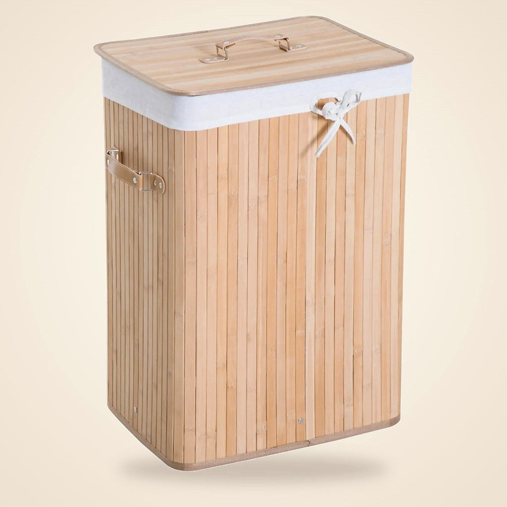 Bamboo laundry hamper with lid on a plain white background