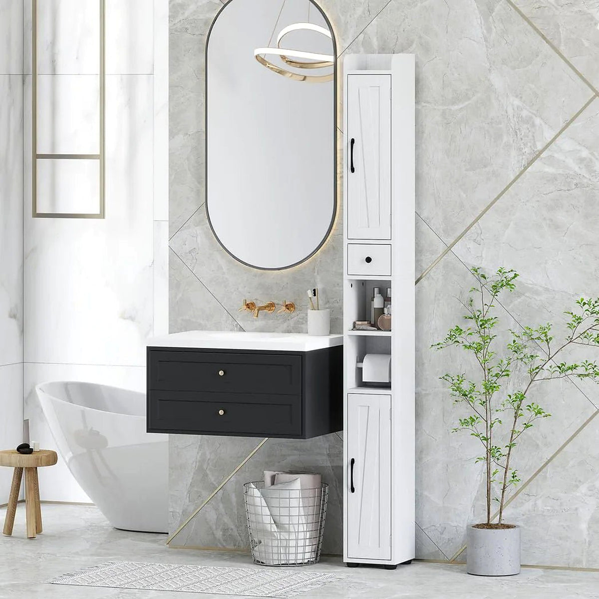 Tall Slim Bathroom Cabinet with Barn Doors, 20 × 20 × 185 cm, White - view 2