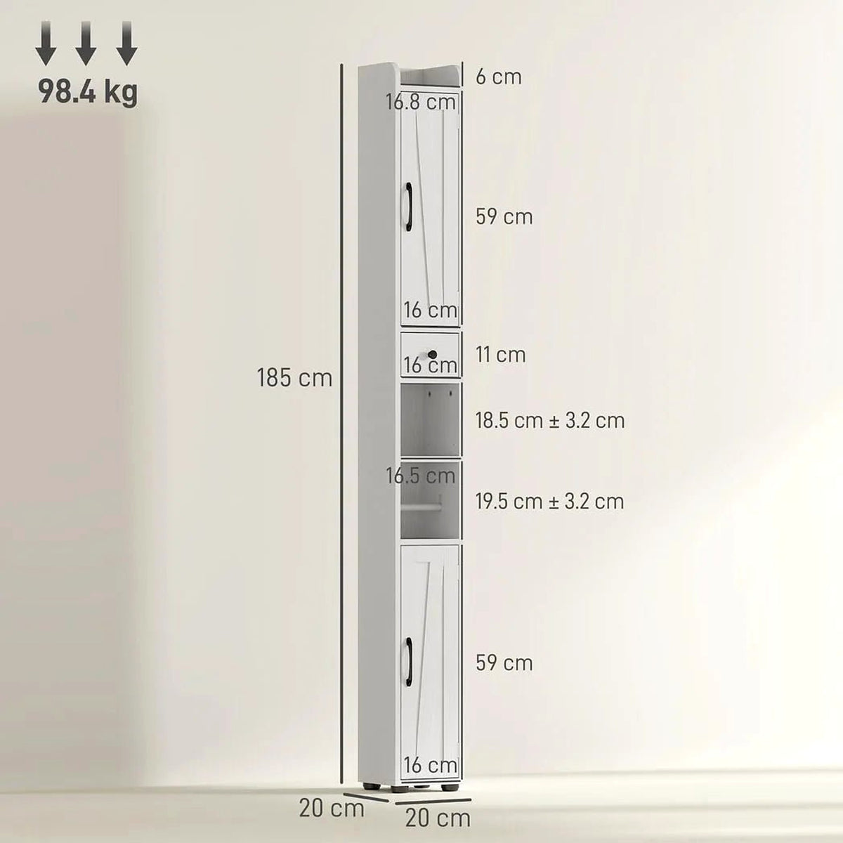 Tall Slim Bathroom Cabinet with Barn Doors, 20 × 20 × 185 cm, White - view 3