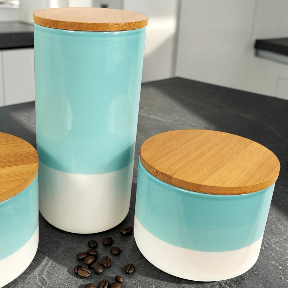Aqua ceramic storage canisters in the kitchen