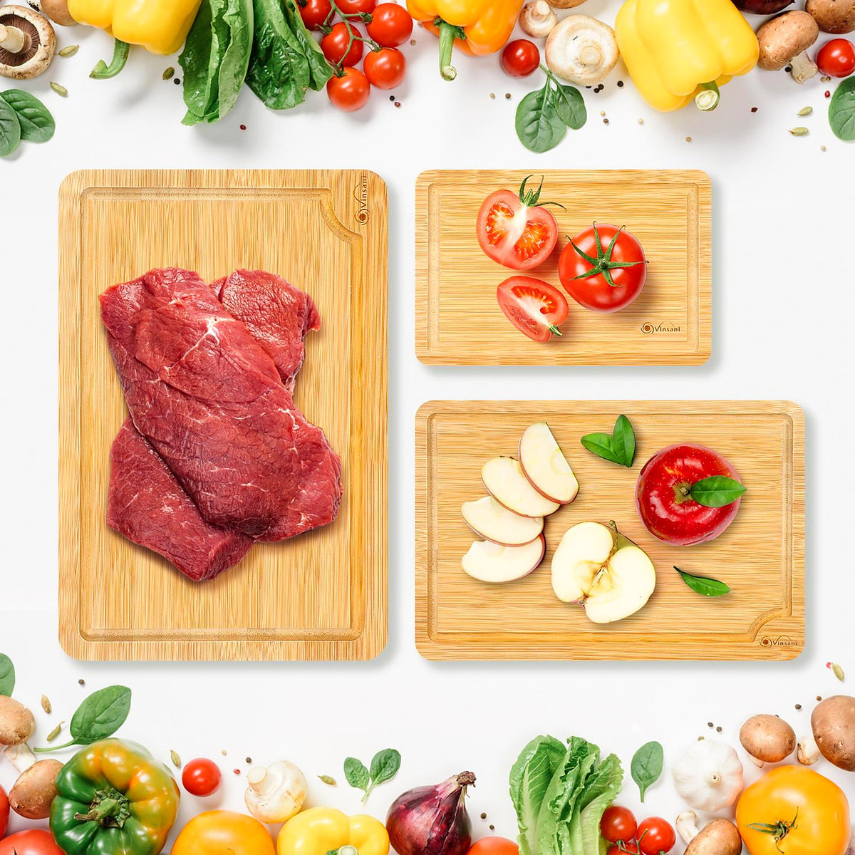 Set of bamboo chopping boards with drip grooves