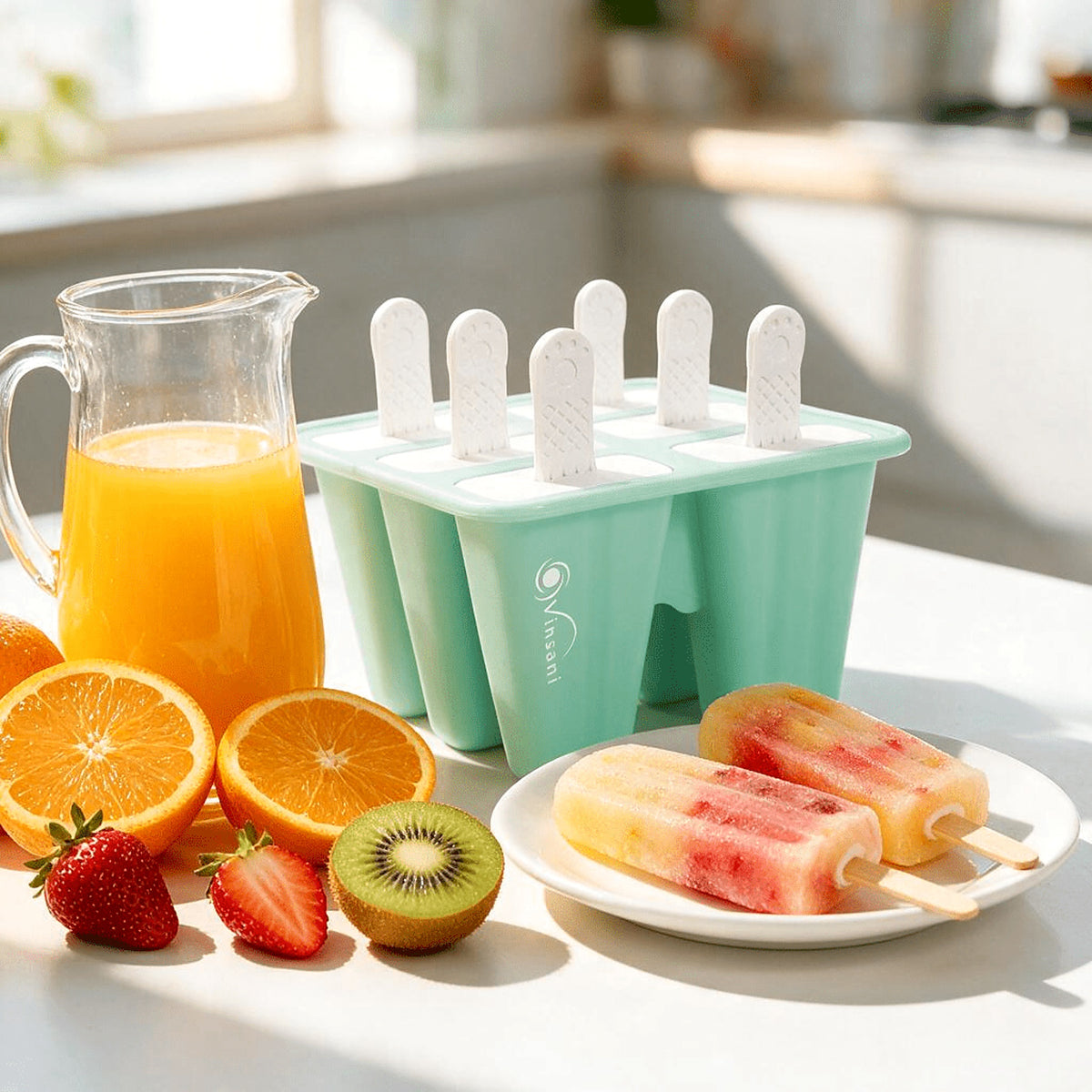 Silicone ice lolly moulds with fruit and juice