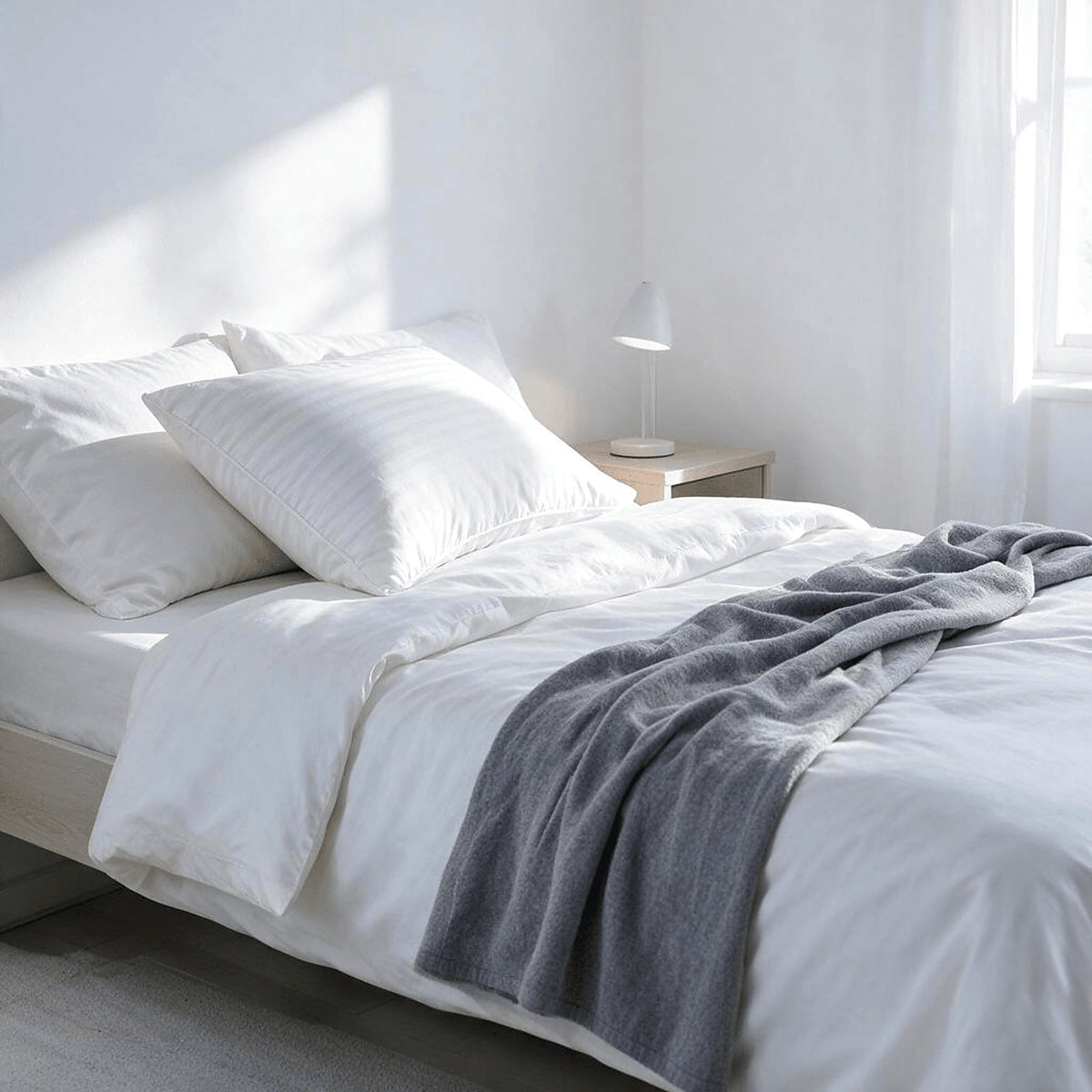 Hungarian white goose down pillow on a bright bed