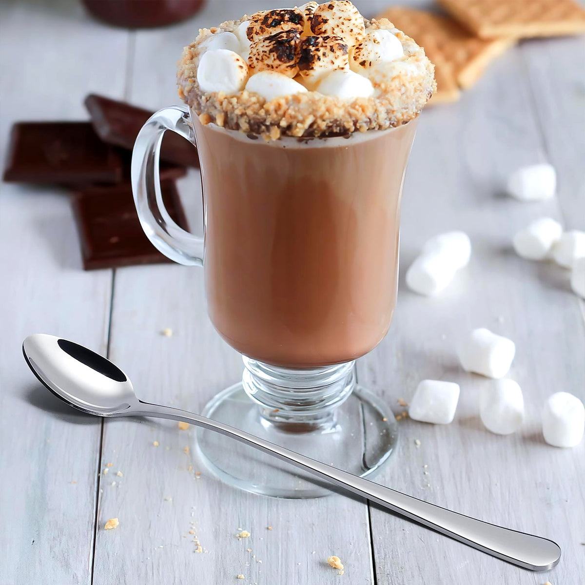 Long-handled latte spoon with hot chocolate
