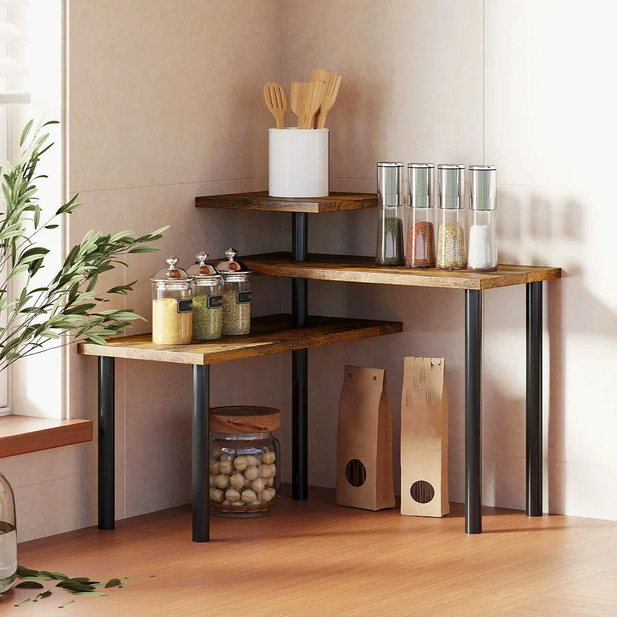 3-tier rustic brown spice rack on the kitchen worktop
