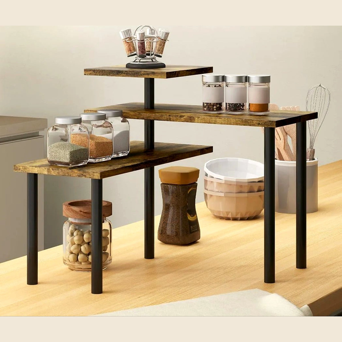 Spice rack set up straight or angled into a corner