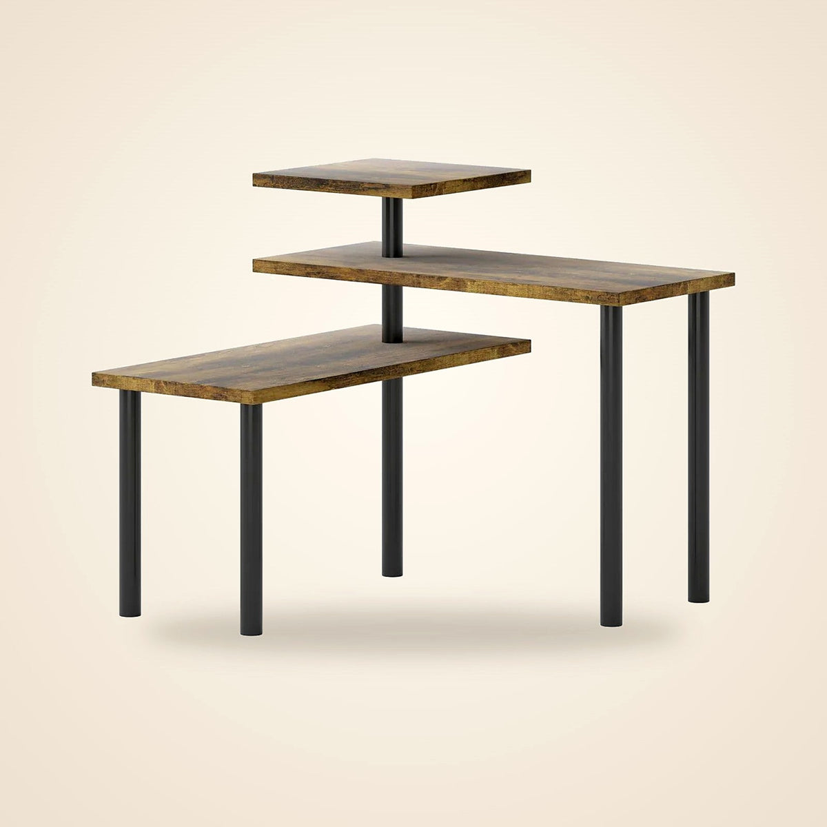 Rustic wooden spice shelves on a black metal frame