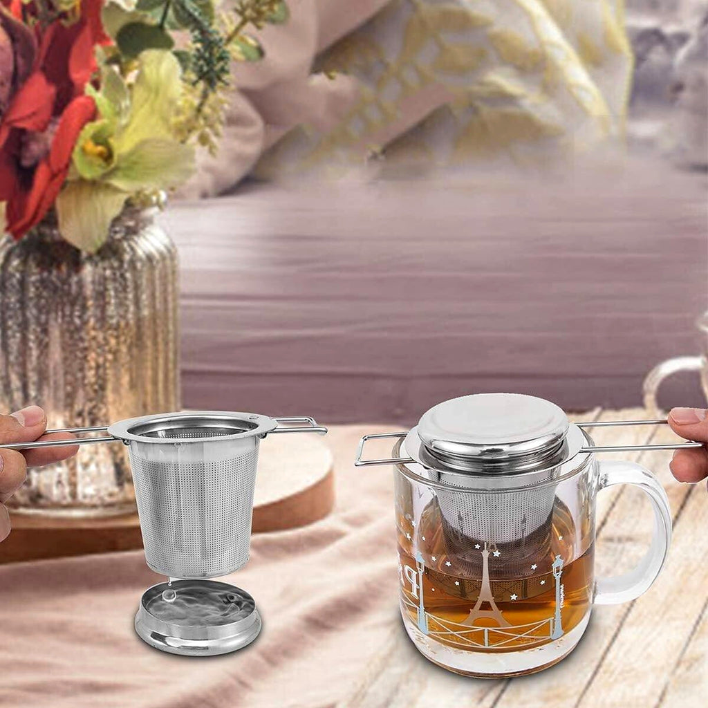 Loose leaf tea strainer resting on a mug