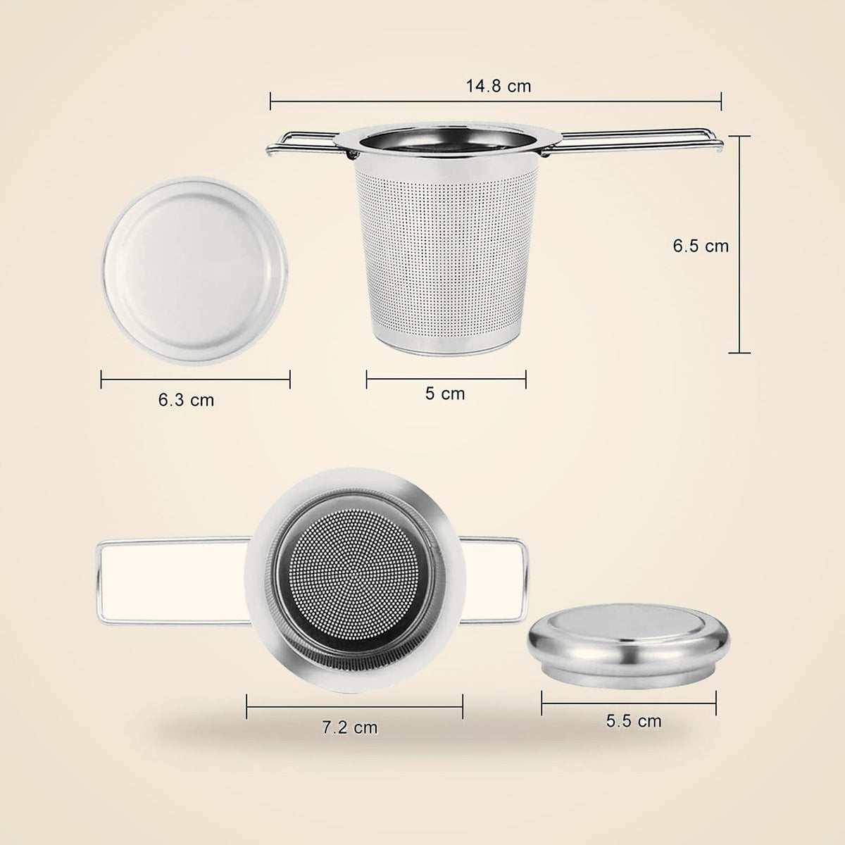 Stainless steel tea strainer with lid and folding handles