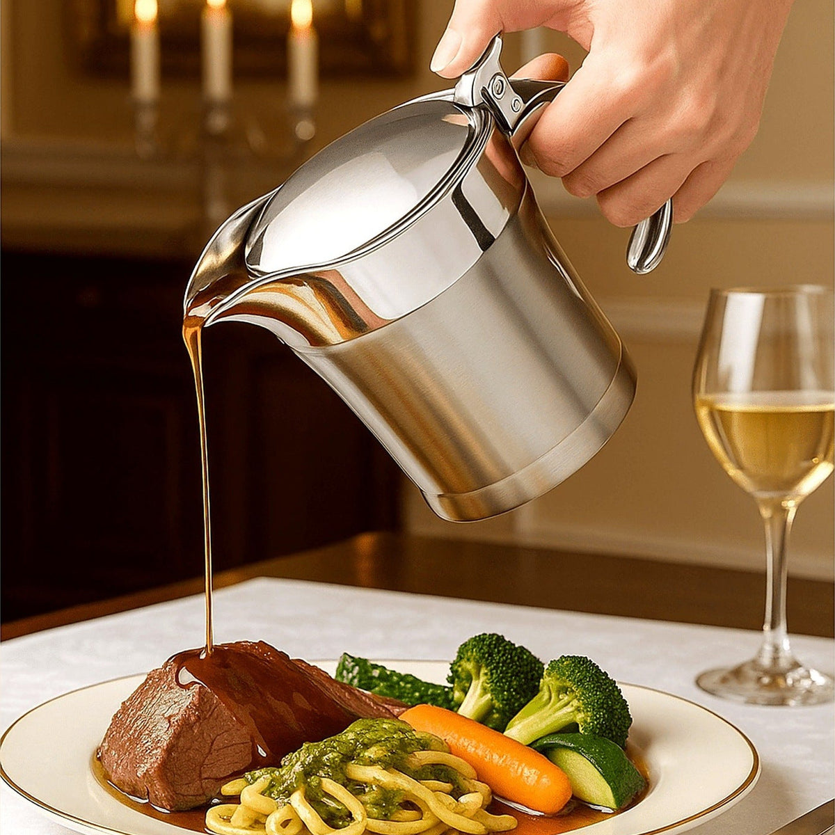Pouring hot gravy from the insulated stainless steel jug