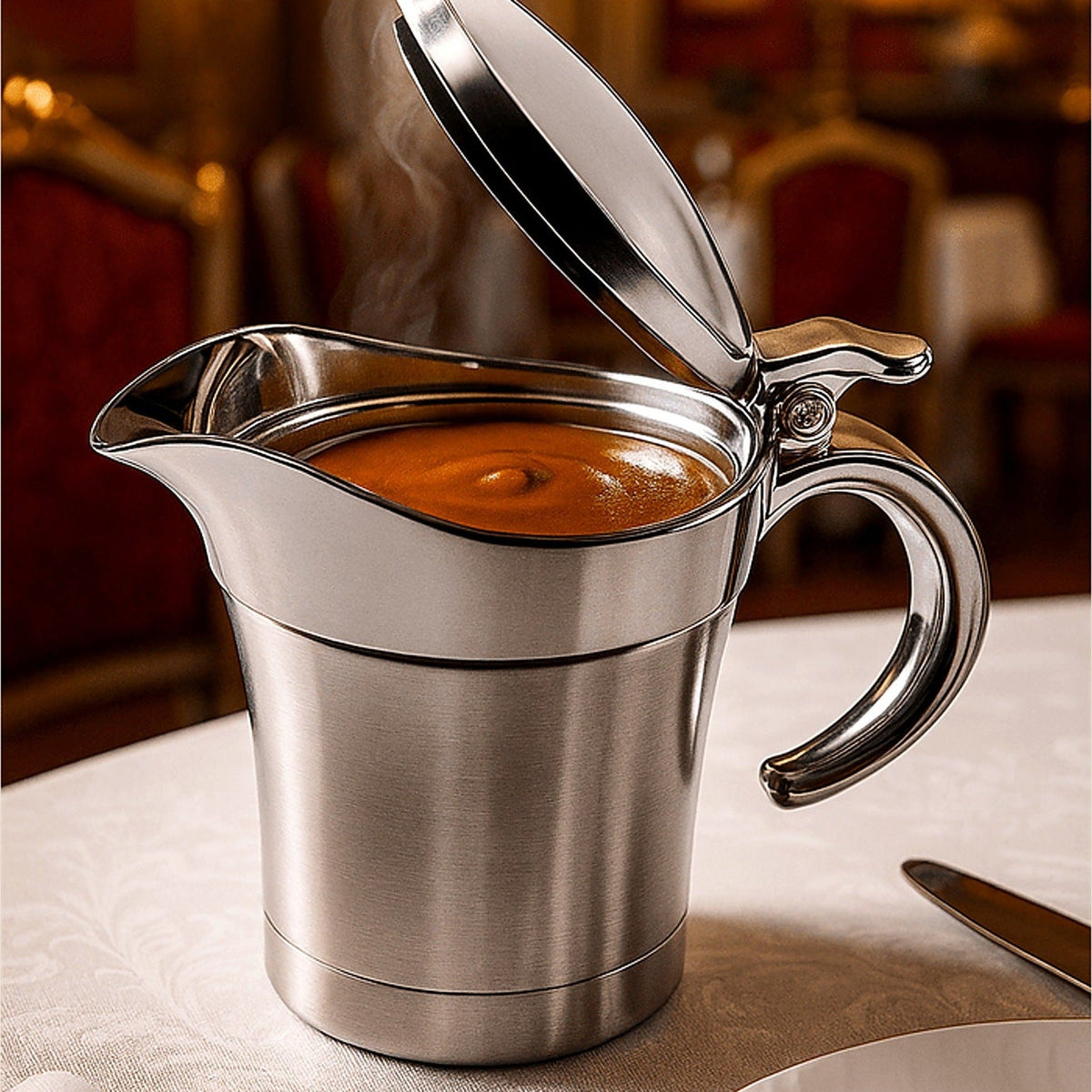 Insulated gravy jug on the dinner table