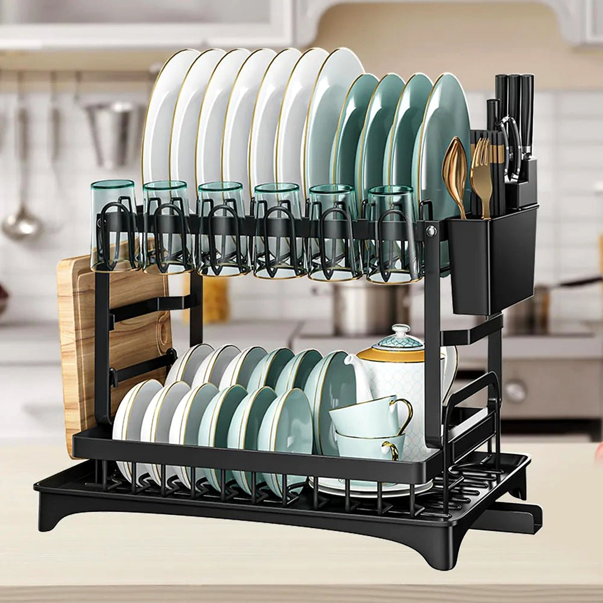 2-tier dish drainer full of plates and bowls