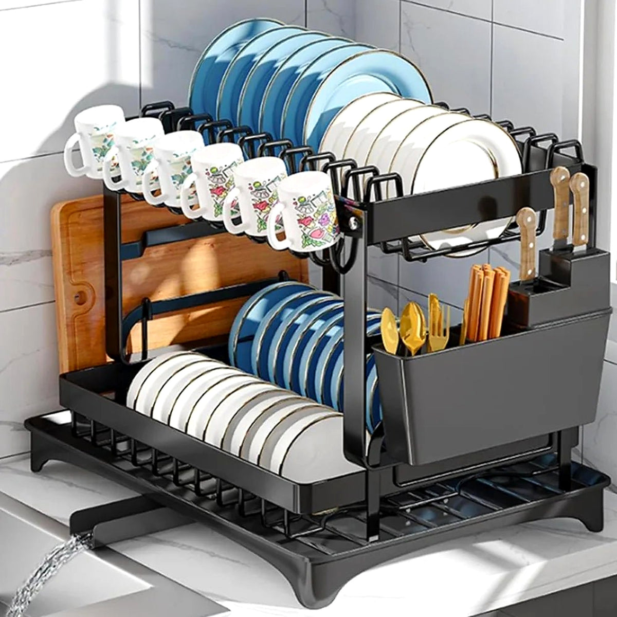 Compact 2-tier dish rack with colourful bowls
