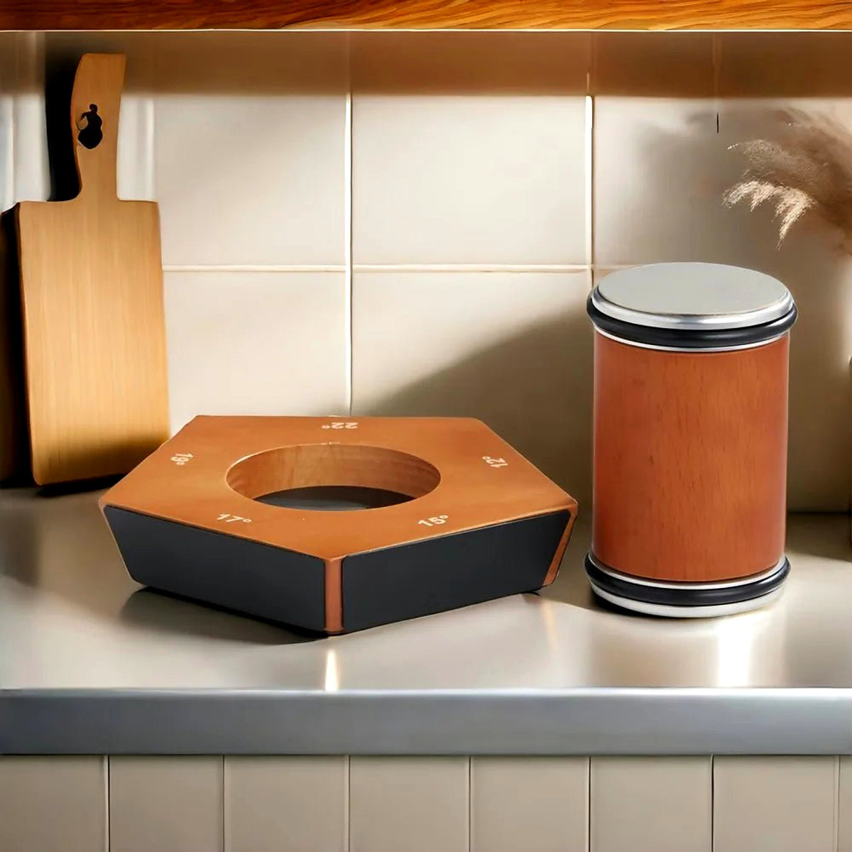 Rolling knife sharpener with wooden angle base on a kitchen worktop