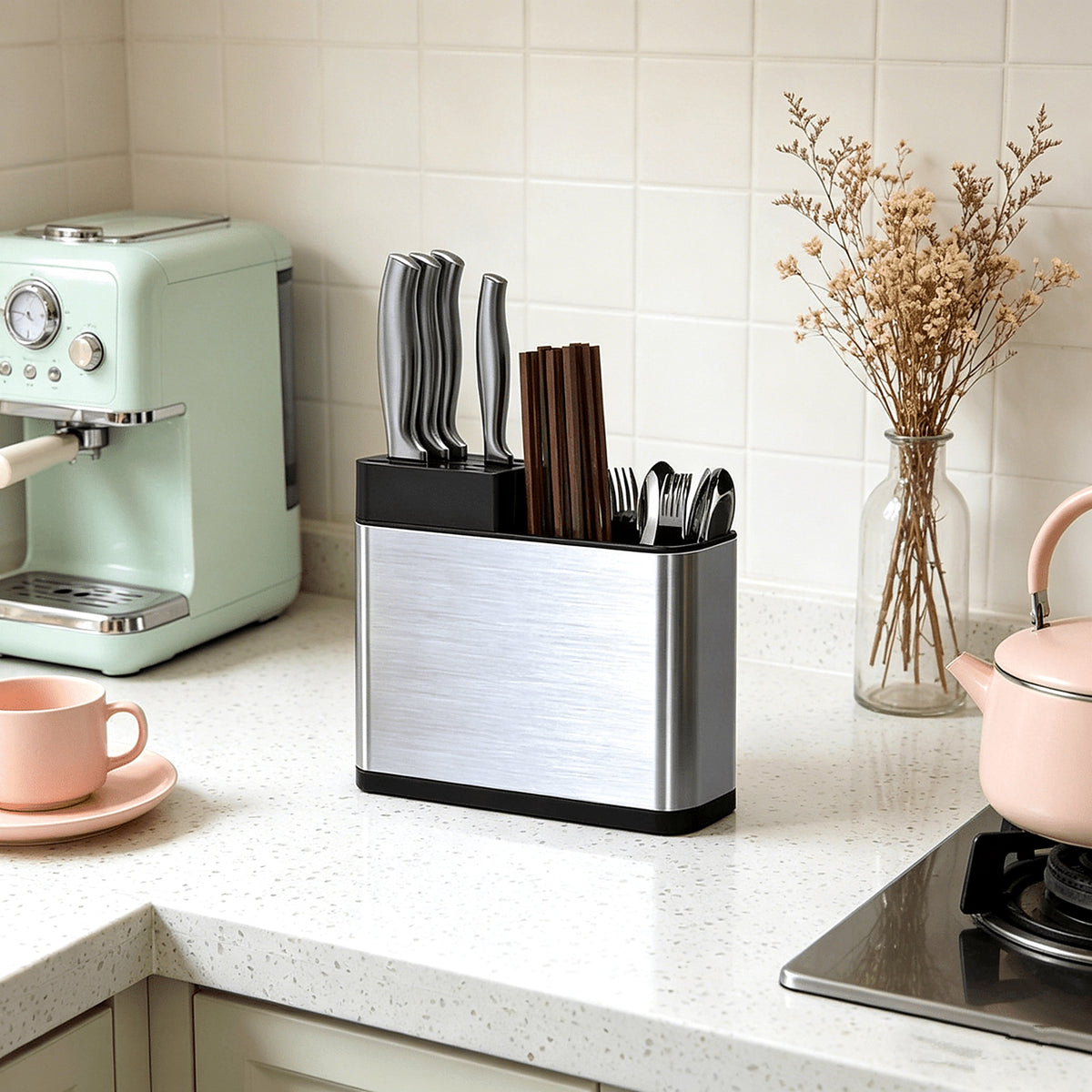 Stainless steel utensil holder on a bright kitchen worktop