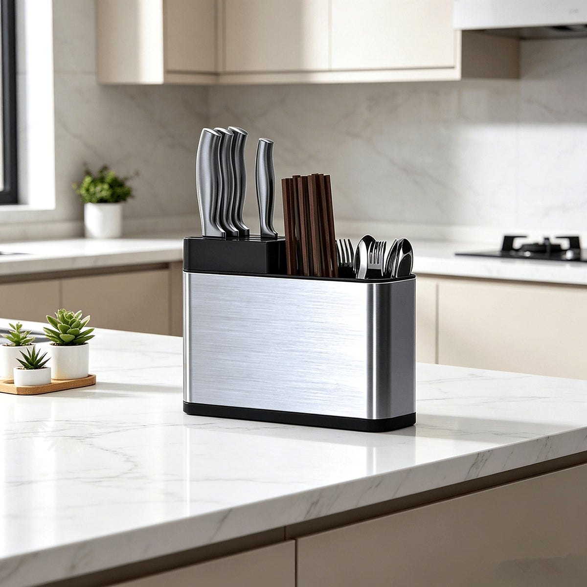 Utensil holder with cutlery on a marble kitchen counter