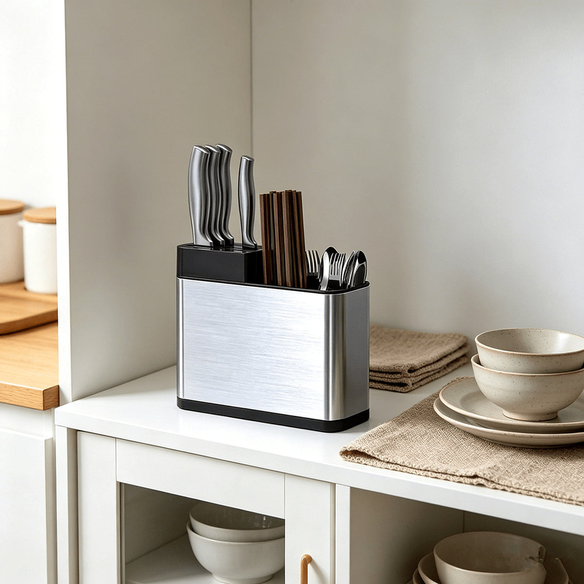 Brushed steel utensil holder on a white kitchen shelf