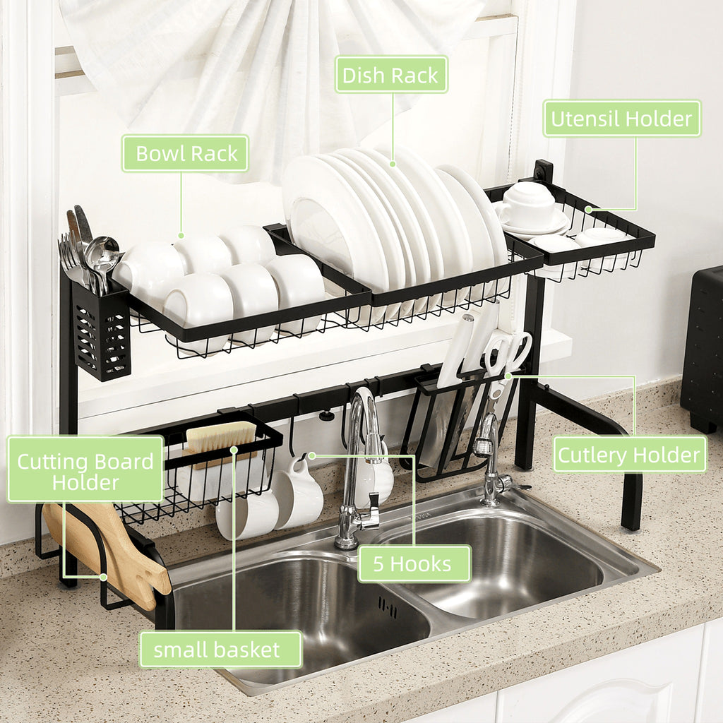 Over-the-sink rack holding plates, bowls and utensils