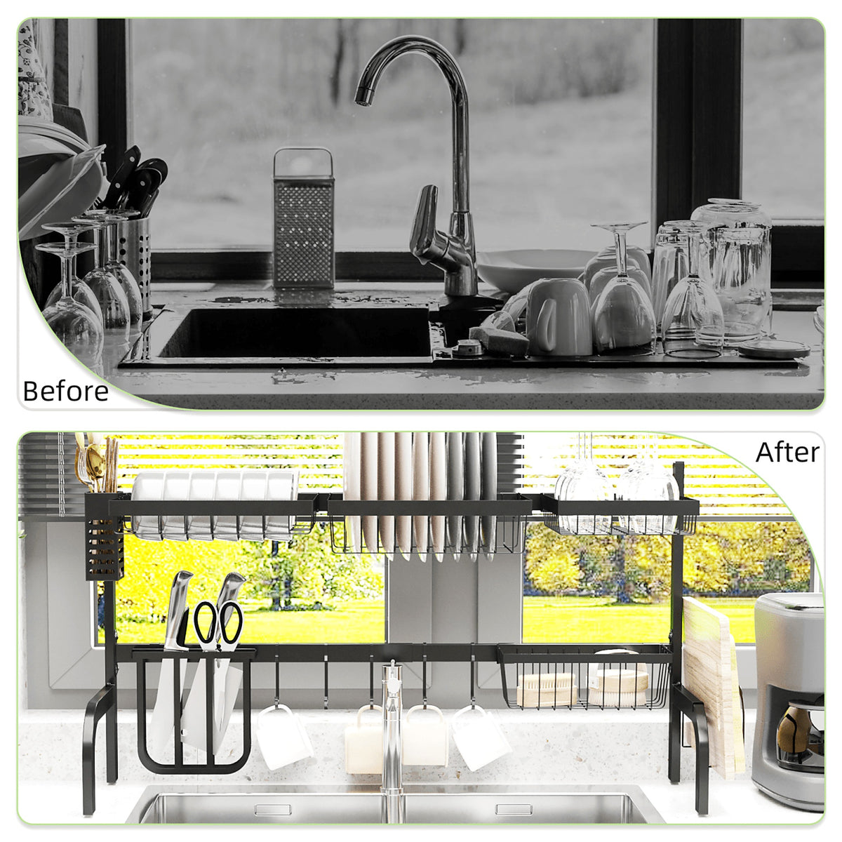 Over-the-sink rack before and after tidying
