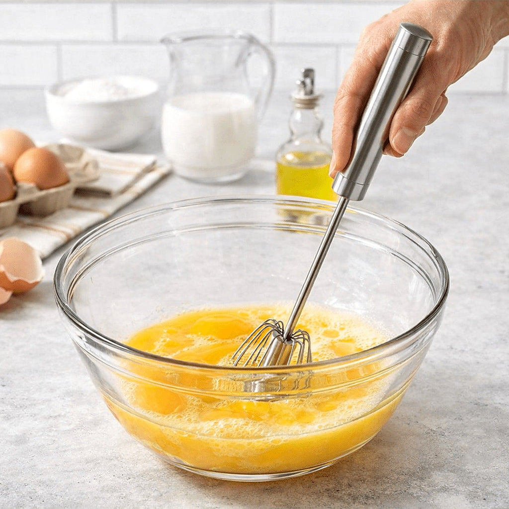 Whisking eggs with a stainless steel push whisk