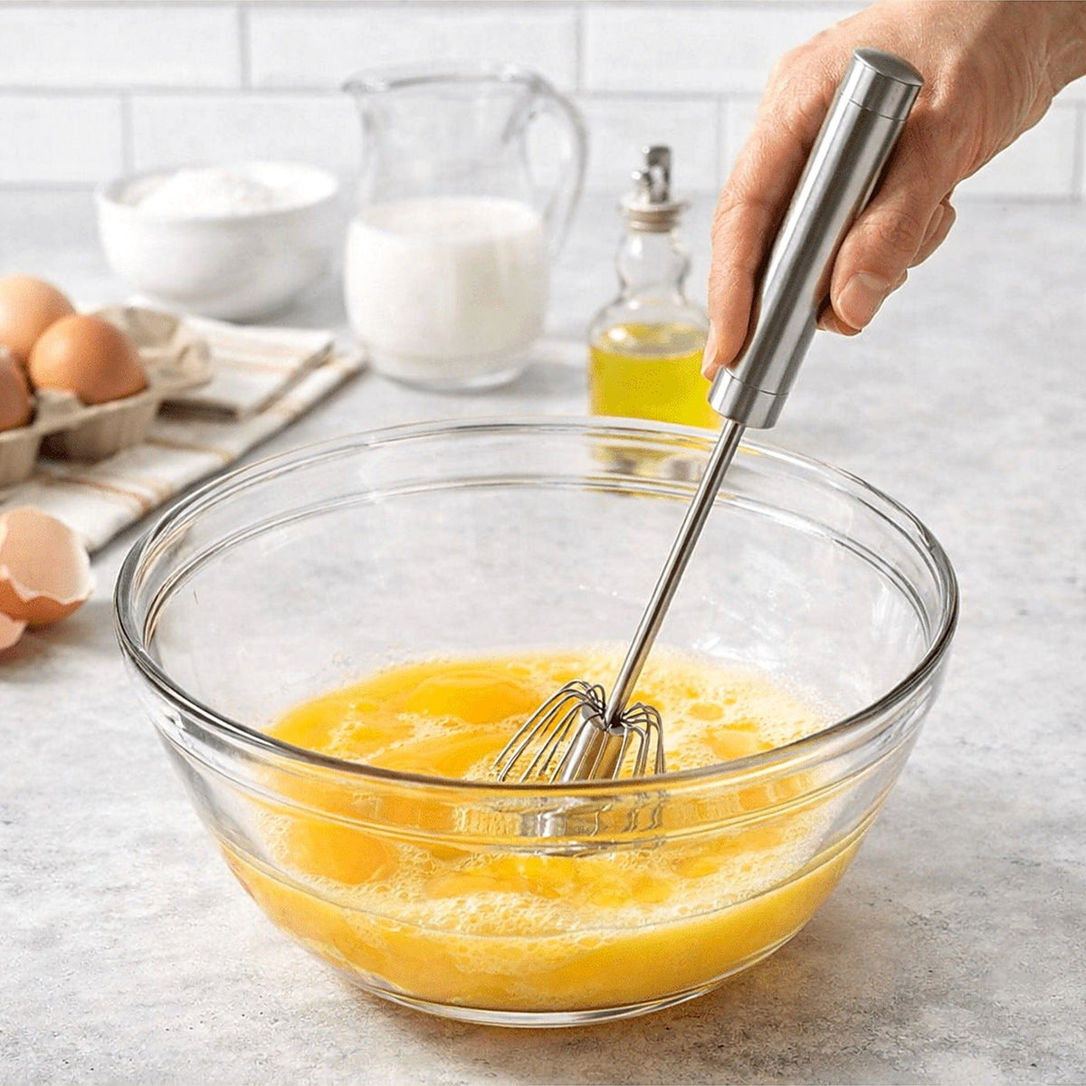 Whisking eggs with a stainless steel push whisk