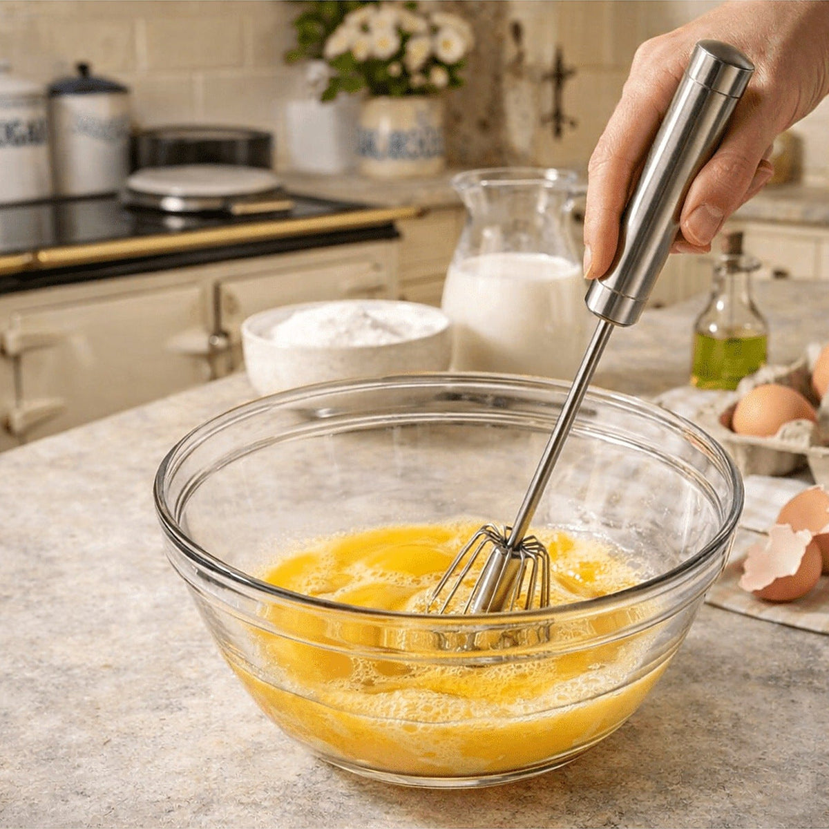 Push whisk in a glass bowl of eggs