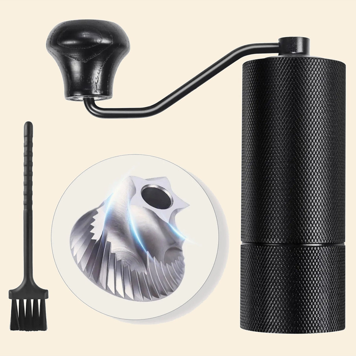 Manual coffee grinder with stainless steel conical burr and brush