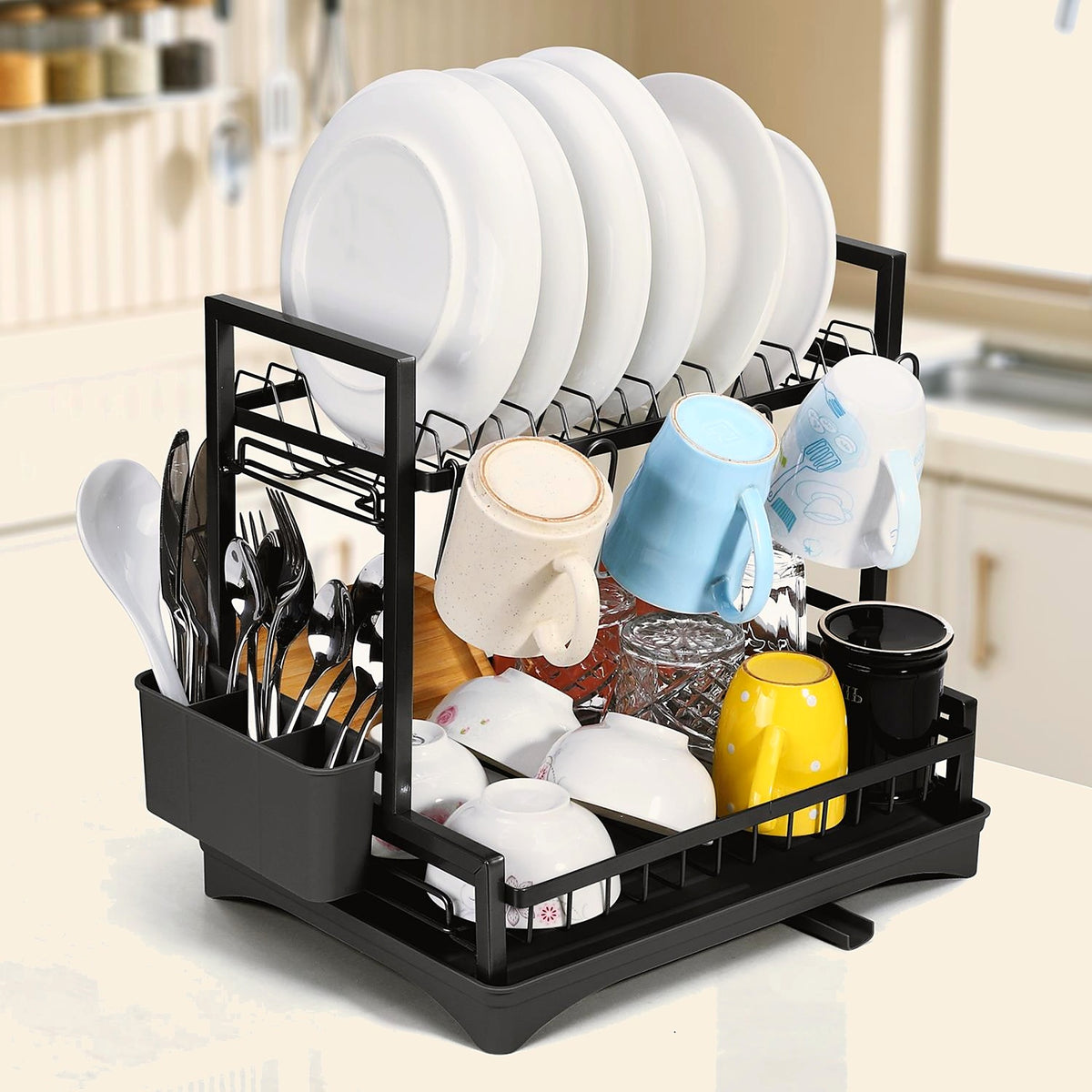 2-tier black dish drainer with plates, cups and cutlery