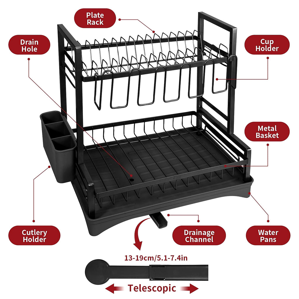 Dish drainer features and drainage spout