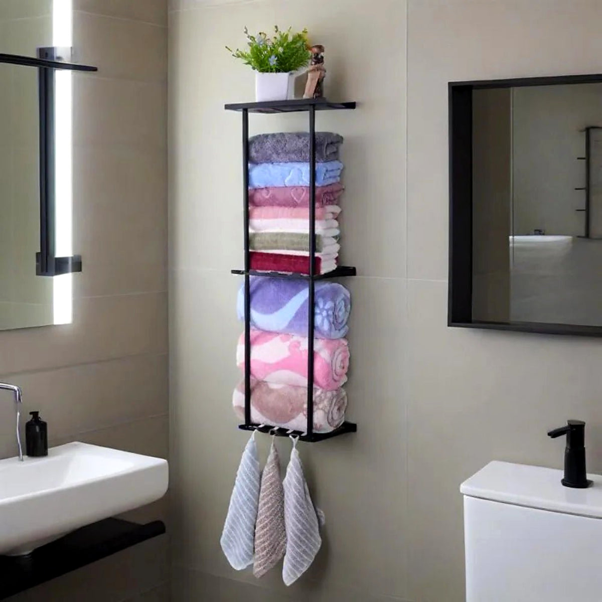 Wall-Mounted Towel Shelf with 3 Rails - view 2