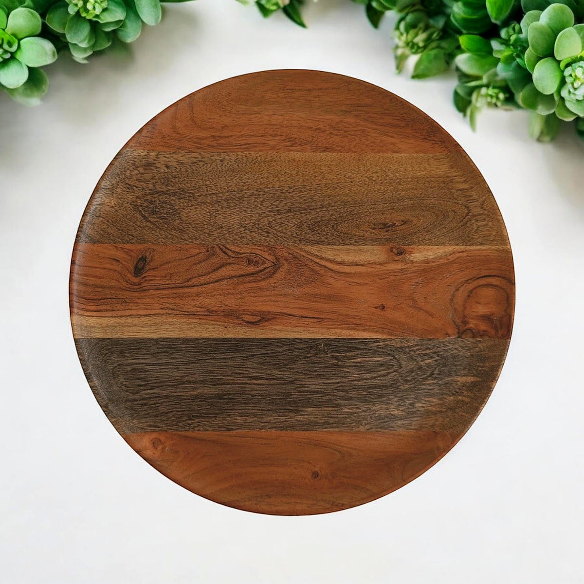 Wooden serving plate from above