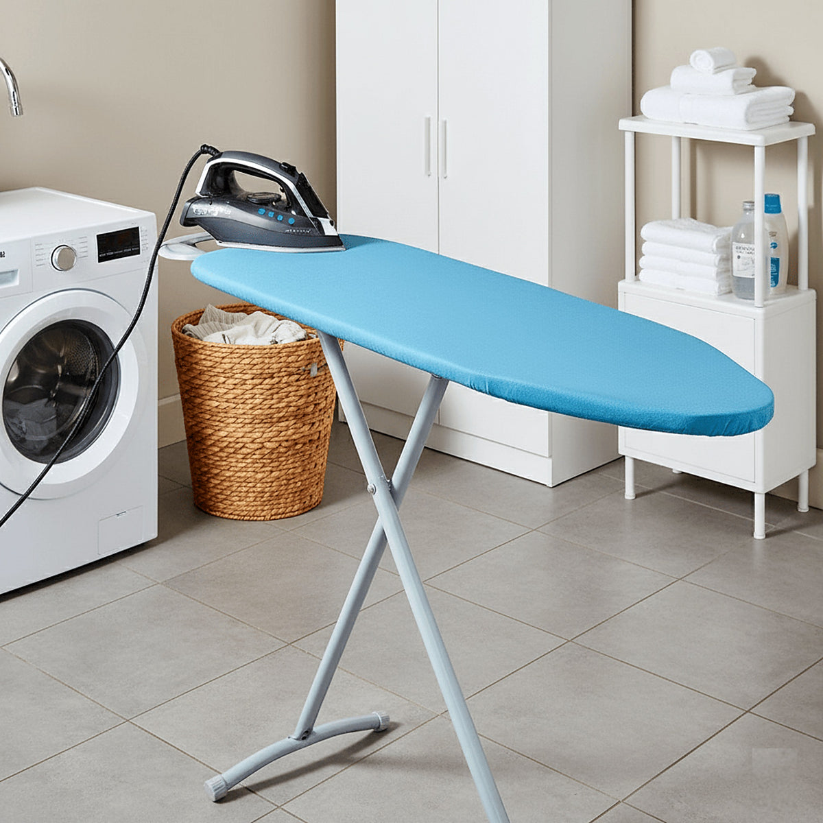 Ceramic-coated ironing board cover in a laundry room