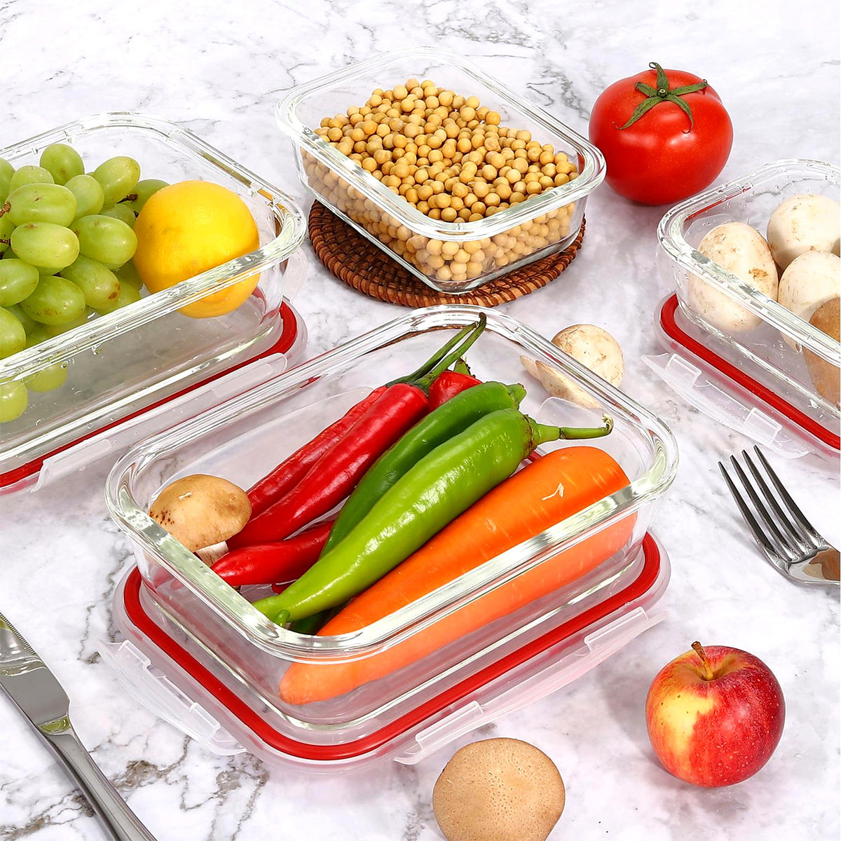 Meal prep in glass containers with airtight lids