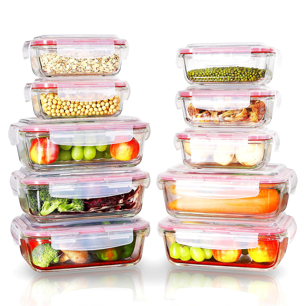 Set of 10 glass food storage containers with lids