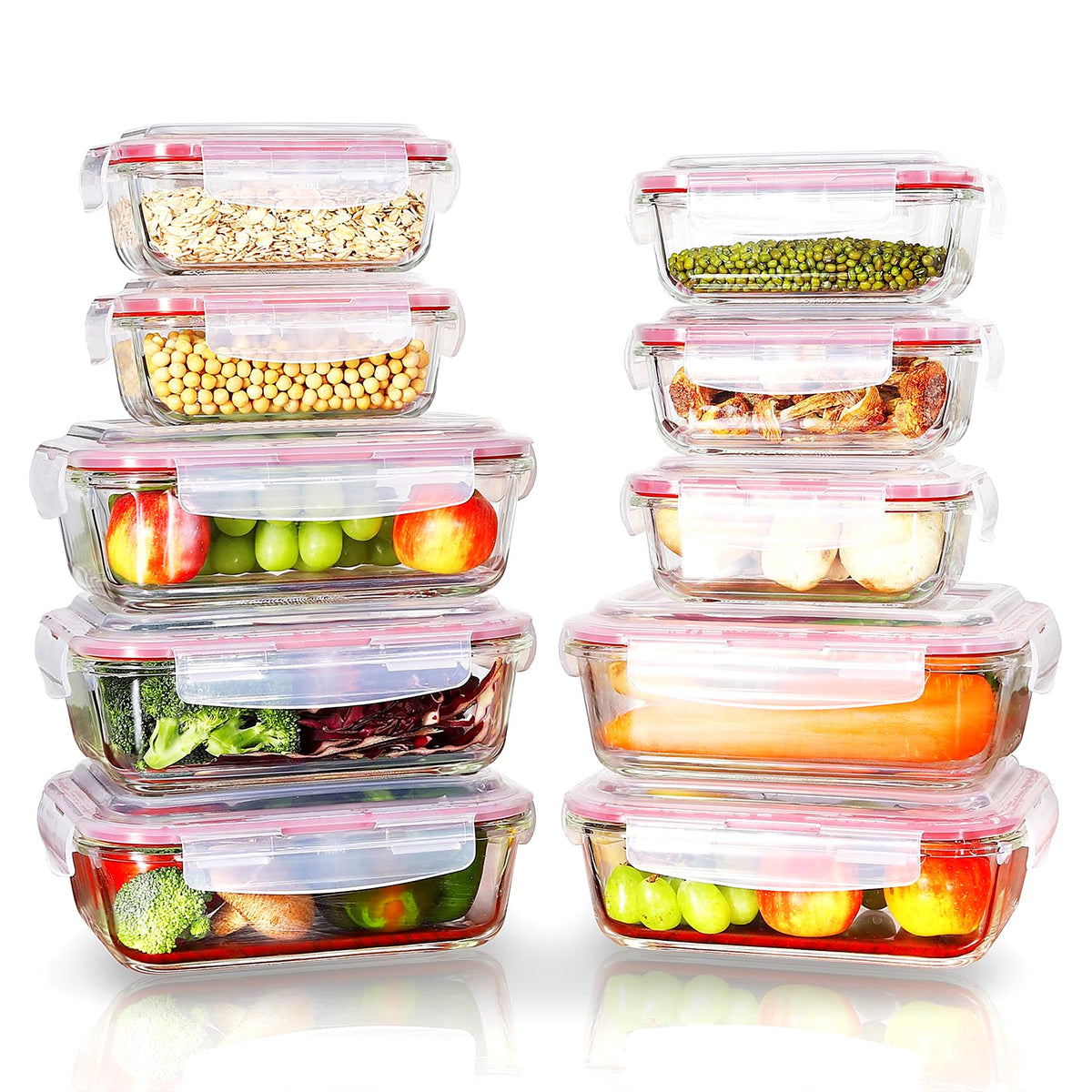 Set of 10 glass food storage containers with lids