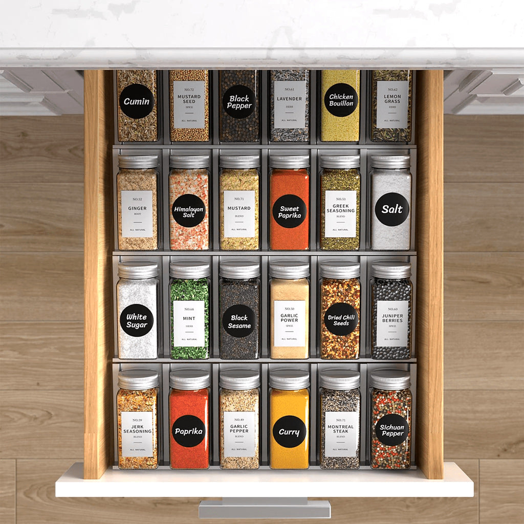 Spice jars neatly organised in a drawer