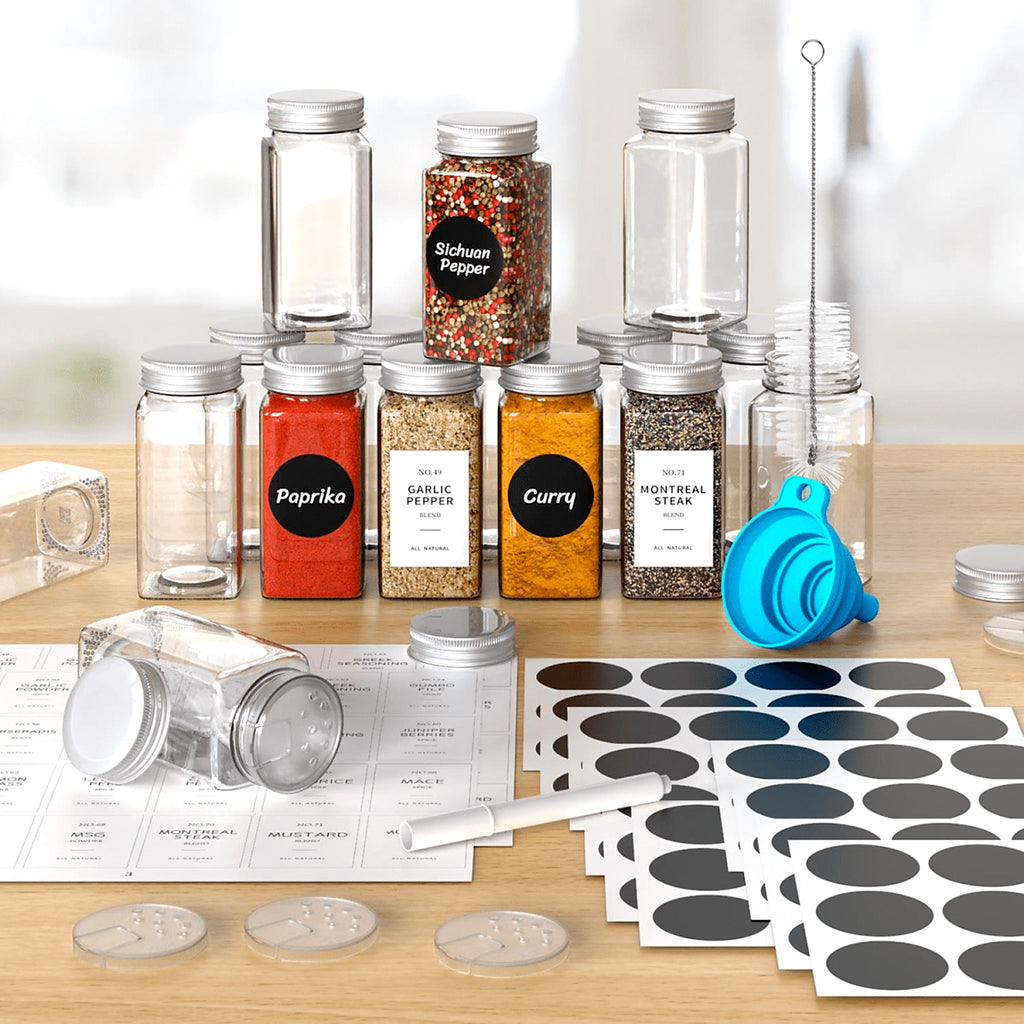Set of 25 glass spice jars with labels, funnel and marker