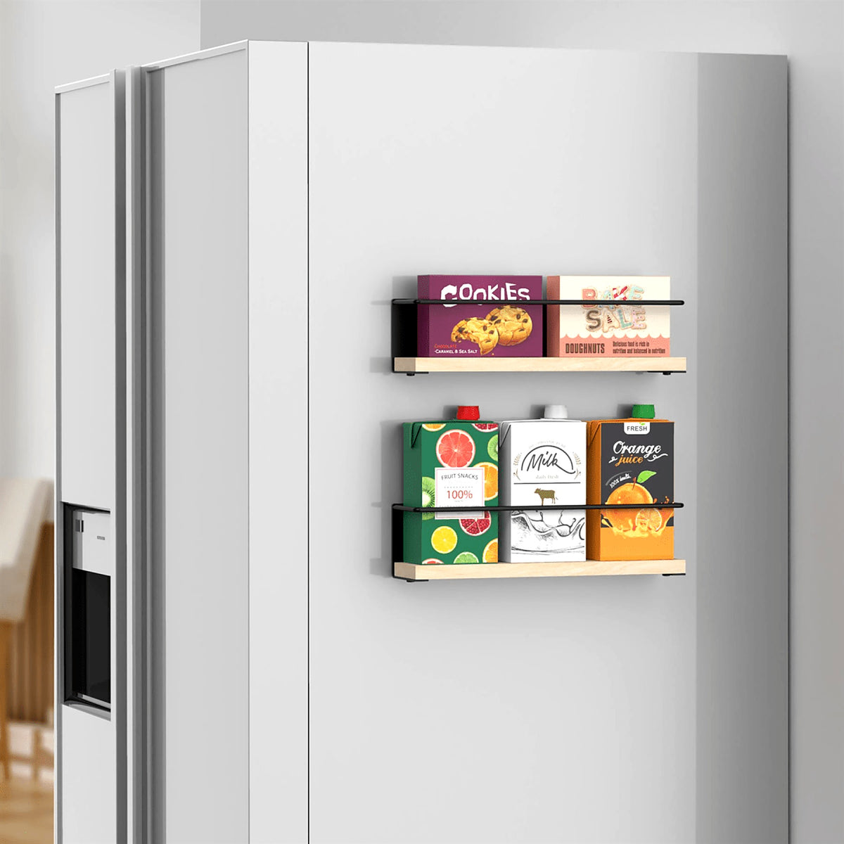 Magnetic wooden spice rack on the side of a fridge