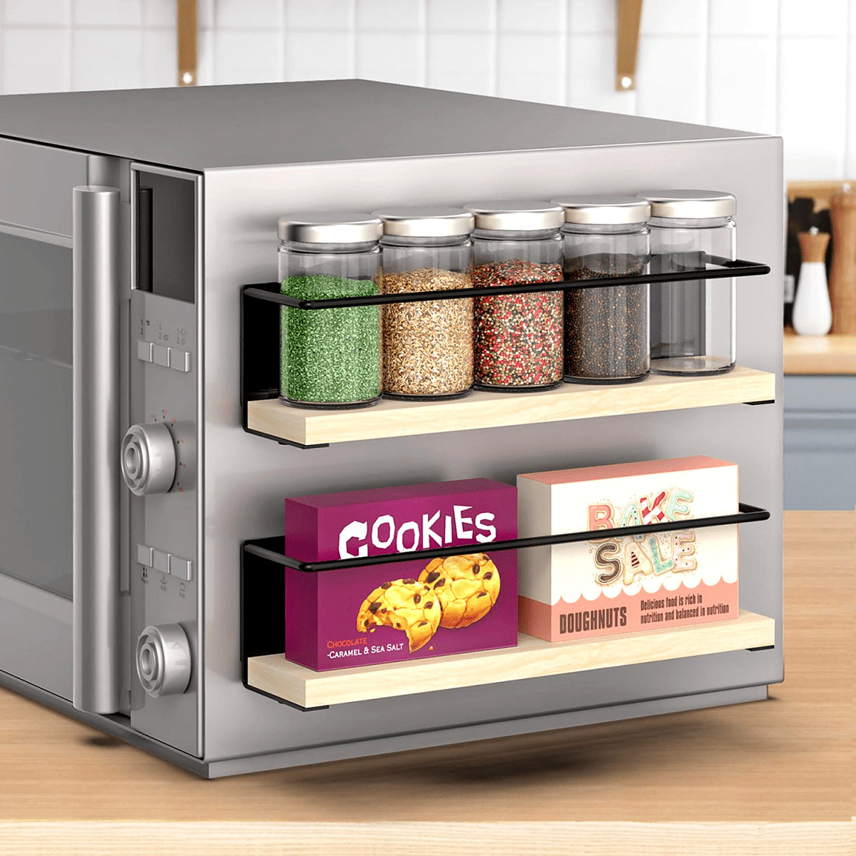 Magnetic spice racks holding jars and sauces