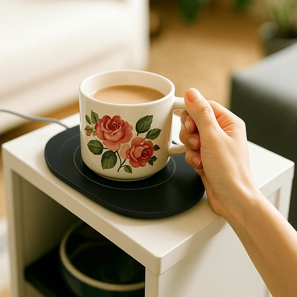 Mug warmer coaster beside a sofa