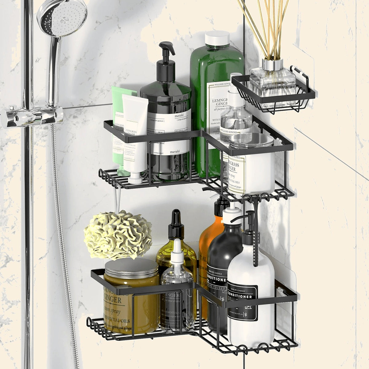 Corner Shower Caddy, Black, 3 Pieces